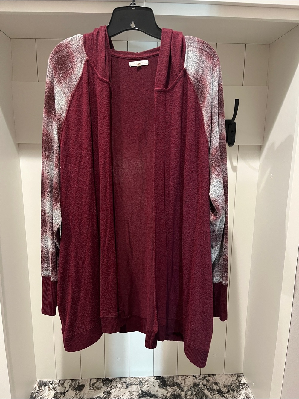 Maurices Open-Front Hooded Cardigan in Burgundy with Plaid  Sleeves